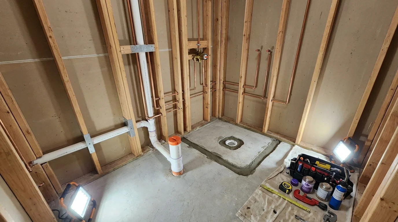 Bathroom rough-in plumbing during remodel by Johns Plumbing LLC in Danby