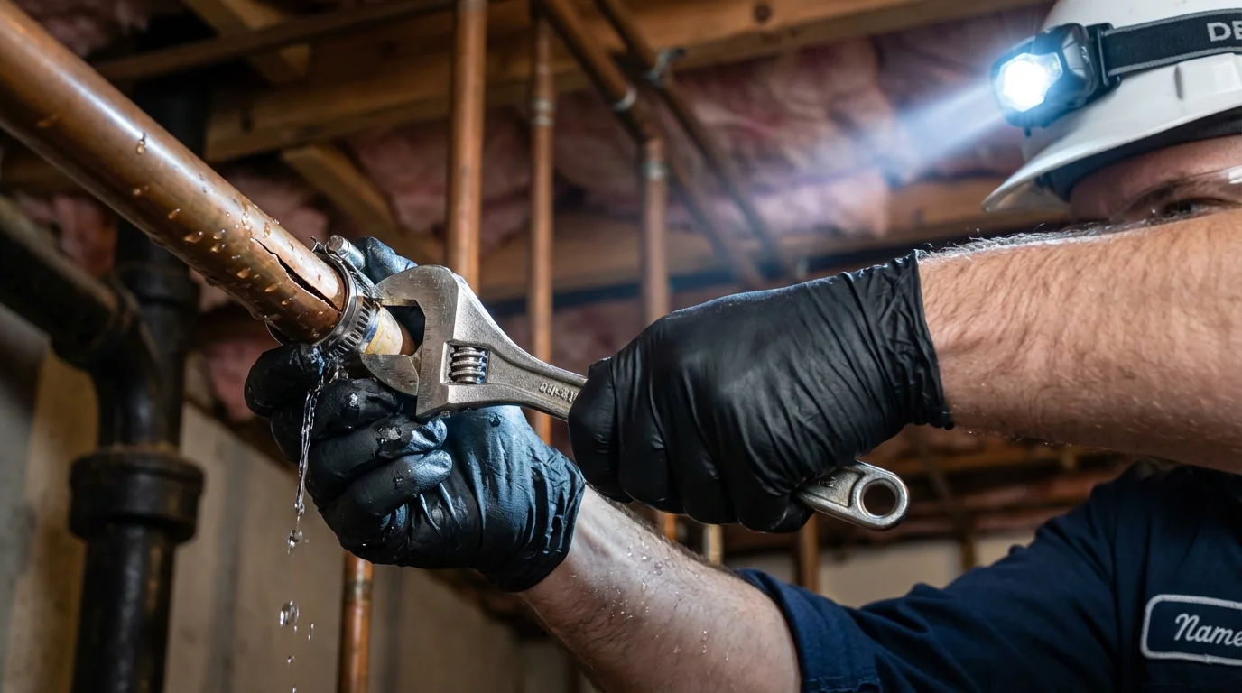 Emergency pipe clamp repair being performed by a Johns Plumbing LLC plumber in Danby
