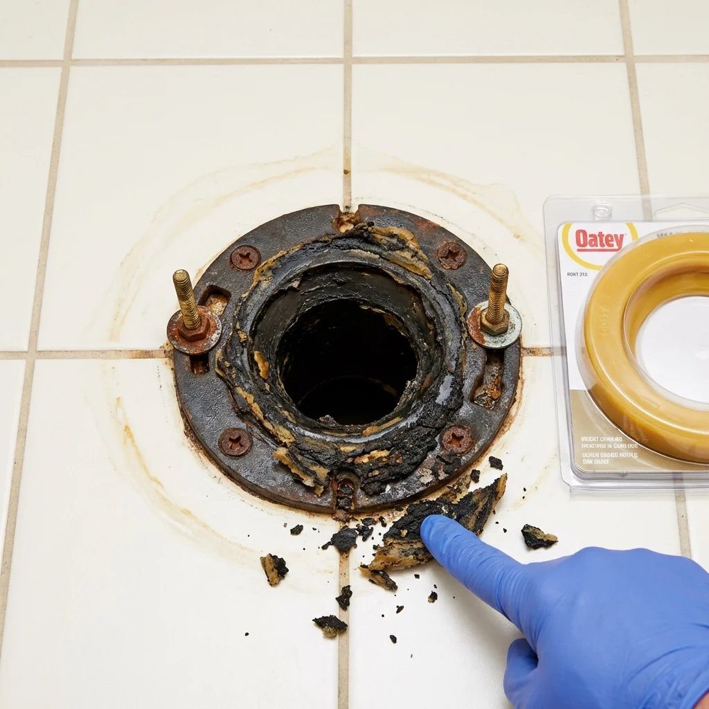 Failed wax ring showing water seepage at the base of a toilet in a Danby, VT home
