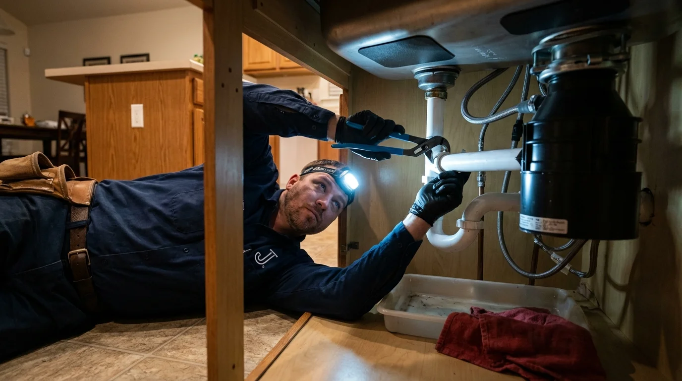 P-trap and supply line connections under a kitchen sink showing a common leak point in Danby, VT